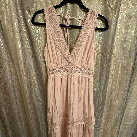 Shinestar Pale Pink Boho Rayon Tiered Lace V Neck Maxi Dress Medium - Picture 1 of 8